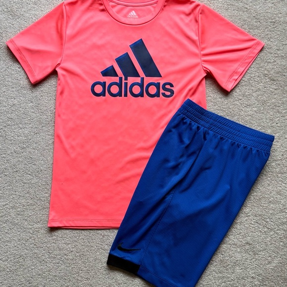 ADIDAS BOYS NEON PINK TEE AND MATCHING BLUE NIKE SHORT